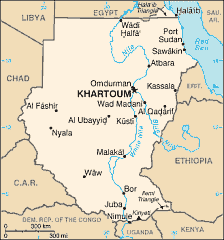 Carte du Soudan avec les principales villes représentées; Kharthoum est au centre