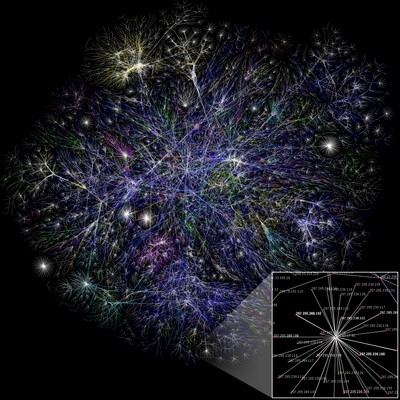 Visualisation des multiples chemins à travers une portion de l’Internet.