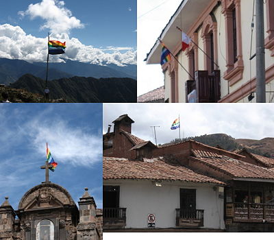 Mosaïque de photos présentant le drapeau gai à différents endroits de Cuzco