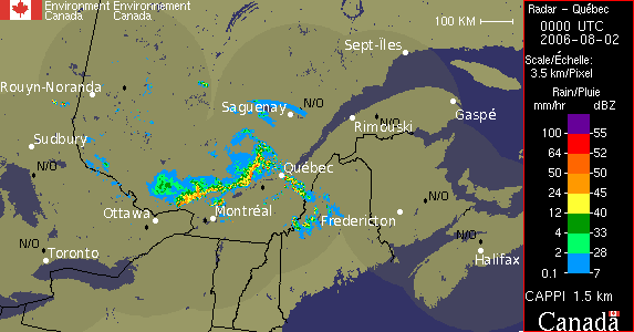 Images radar de la région de Montréal pour le 1er août 2006