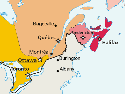 Carte du nord-est de l'Amérique du Nord avec des points aux neuf villes utilisées pour cette étude.