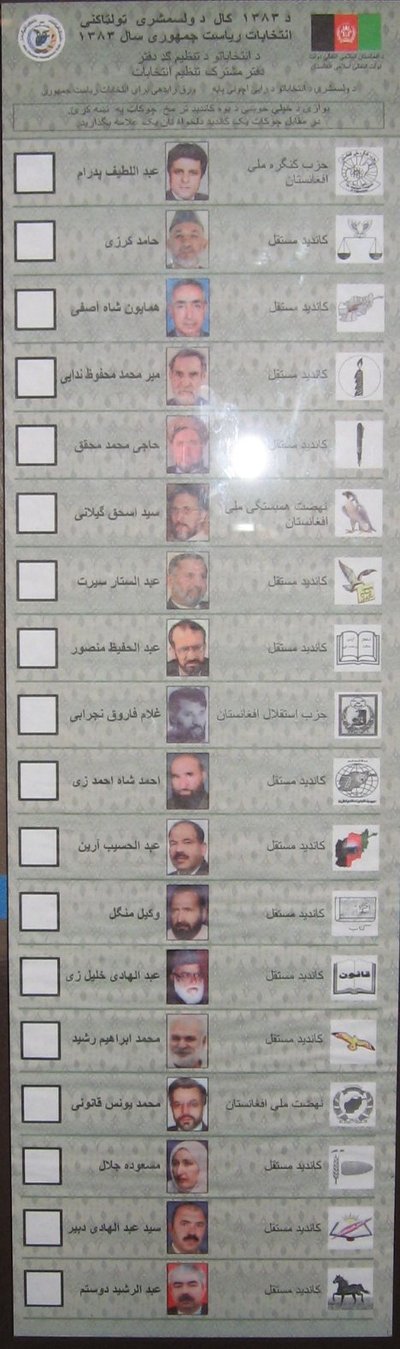 Bulletin de vote lors de l'élection présidentielle de 2004 en Afghanistan