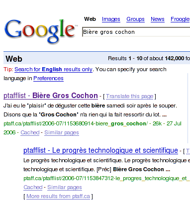 Résultats d'une recherche dans Google avec comme mots-clefs «Bière Gros Cochon»