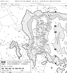 Vérification 24h du modèle régional d'Environnement Canada pour la précipitation accumulée sur 24 heures pour la journée du 14 février 2007