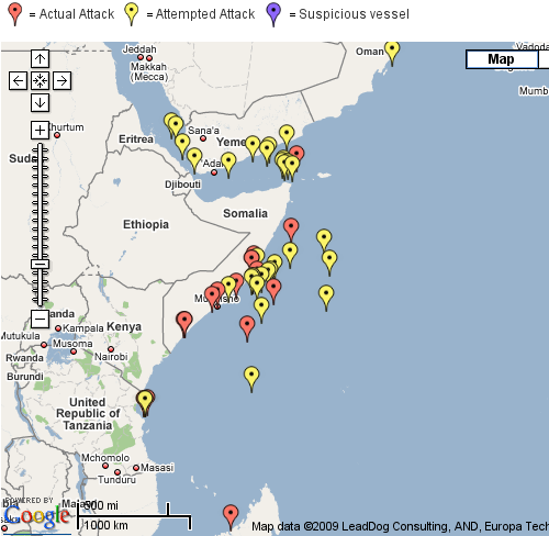 Carte des attaques de pirates dans le golfe d’Aden pour 2005