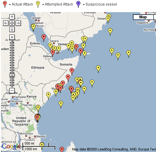 Carte des attaques de pirates dans le golfe d’Aden pour 2007