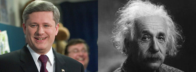 Dans le coin gauche, Stephen Harper, dans le coin droit, la science représentée par son icône, Albert Einstein