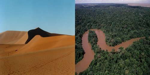 2 photos: à gauche le désert, à droite le fleuve Amazone.