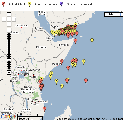 Carte des attaques de pirates dans le golfe d’Aden pour 2008