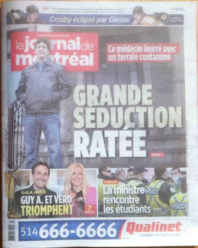 Une du Journal de Montréal le 23 avril 2012
