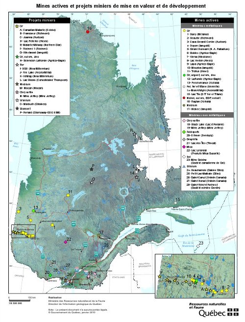 Carte des mines et projets miniers du Québec