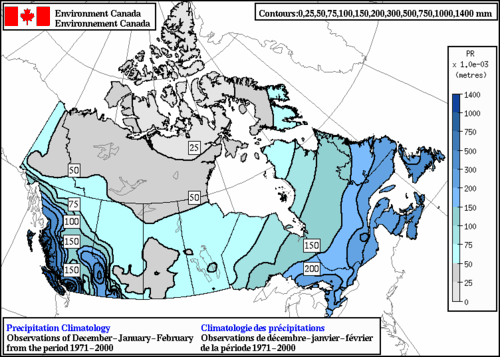 Carte du climat des précipitations du Canada pour les mois de décembre-janvier-février