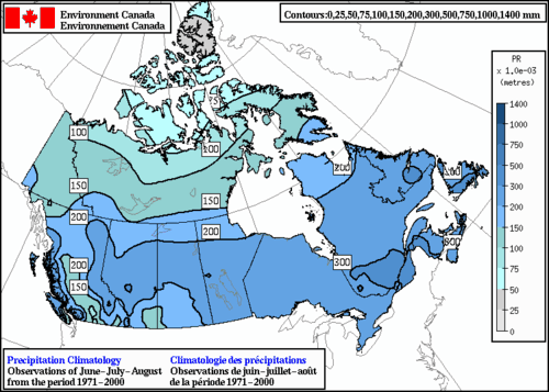 Carte du climat des précipitations du Canada pour les mois de juin-juillet-août