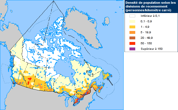 Carte de la densité de la population au Canada