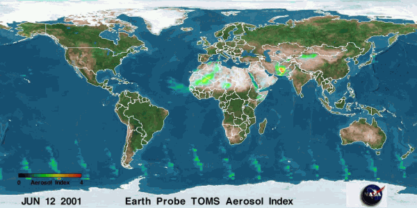 Circulation des aérosols sur la planète entre le 13 et le 21 juin 2001