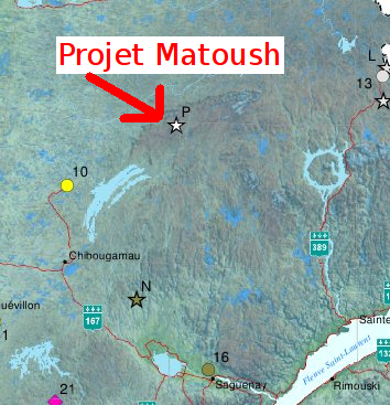 Carte illustrant où se trouve le projet Matoush au Québec