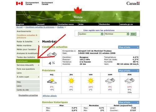 Saisie d’écran de la page d’Environnement Canada avec une flèche rouge qui pointe vers le mot “Statistiques” dans la colonne de gauche