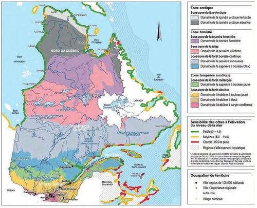Présentation des quatre sous-régions du Québec et d’une variété de caractéristiques d’intérêt quant à la sensibilité au changement climatique.